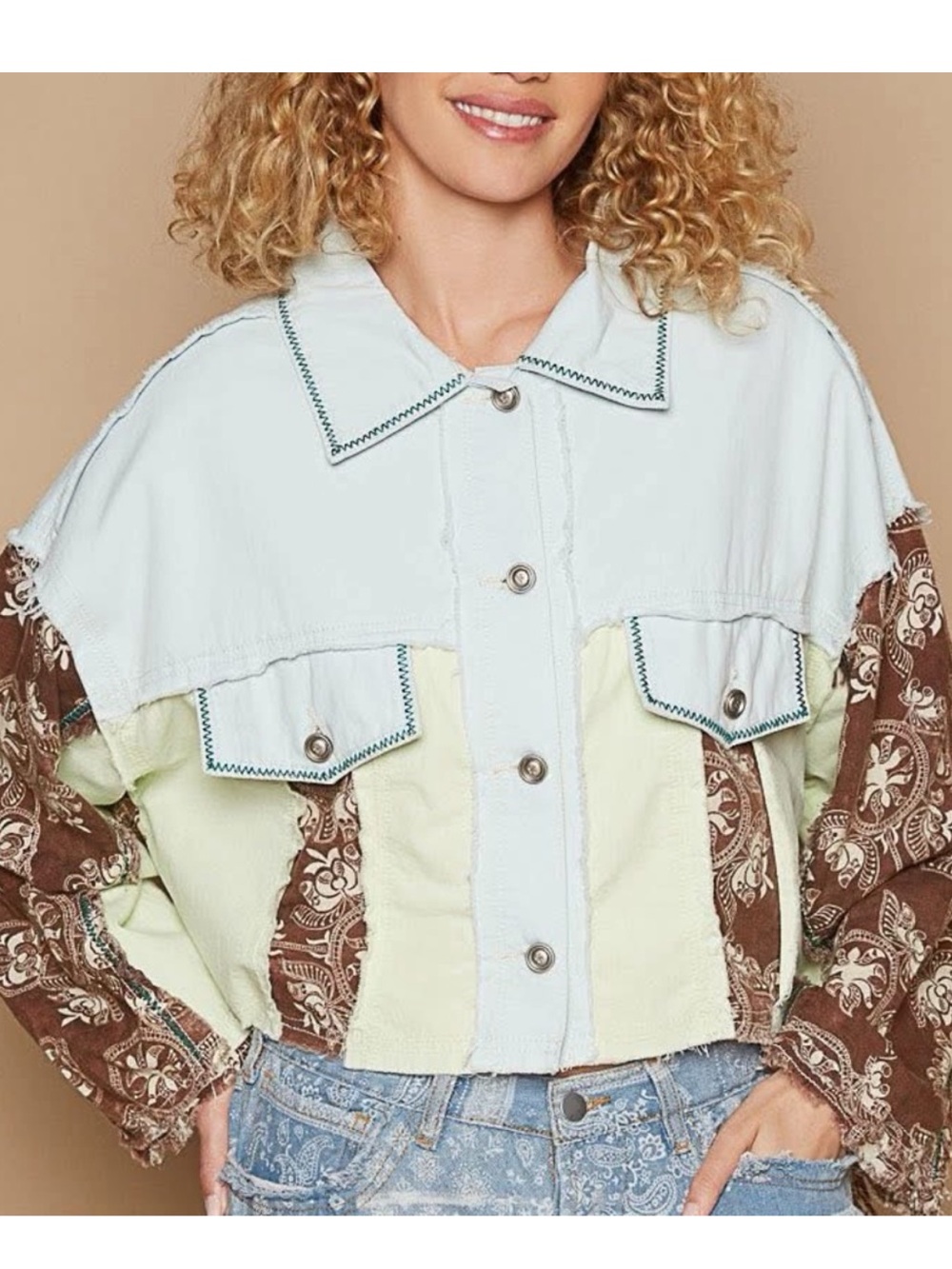 POL-Patchwork Button-Front Women’s Jacket - Light Blue & Brown